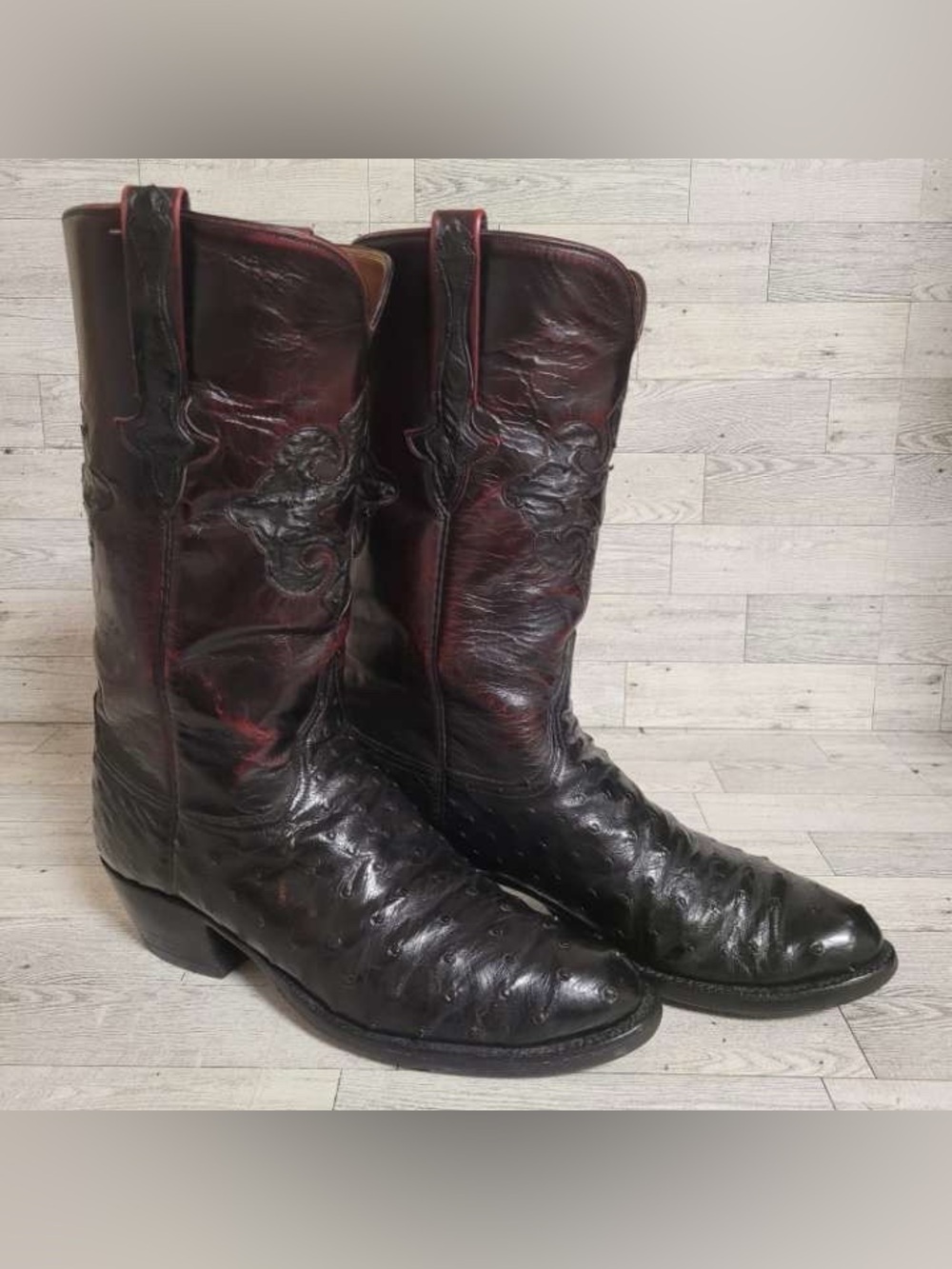 Lucchese Classics Black Cherry Ostrich Cowboy Boots Men's 9 D Inlay Full Quill